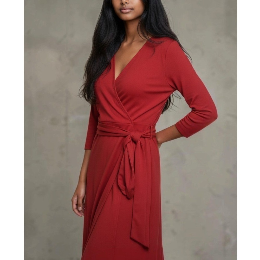 Ann Taylor Women 8P New Red Wrap Dress Office Classic Professional 3/4 Sleeve